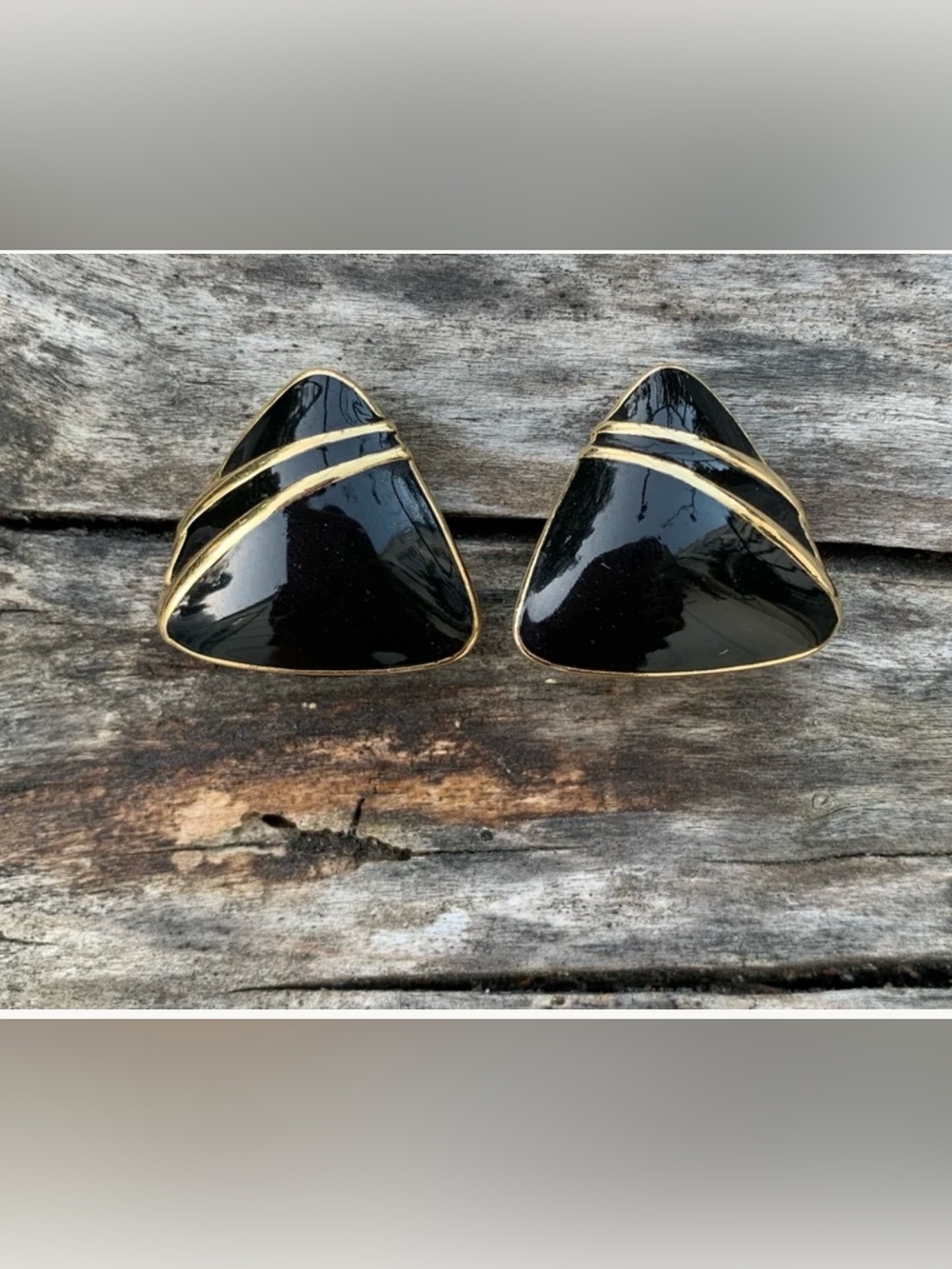 Vintage Trifari Black Enamel & Gold Geometric Triangle Stud Pierced Earrings